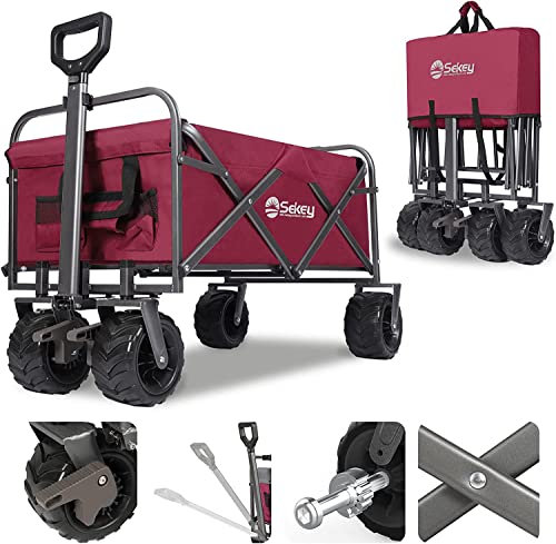 Sekey Folding Festival Trolley with Wide All-Terrain Wheels, 440LB Large Load Capacity, Heavy-Duty Camping Wagon with Brake, Sturdy Beach Garden Cart, Adjustable Handles & Drink Holders, Red