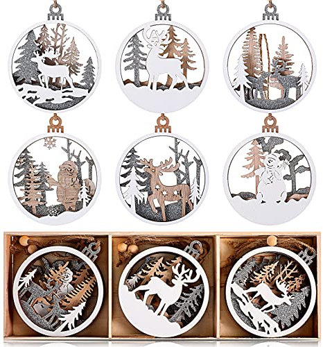 Marsui 6 Stück Holz Weihnachten Ornament Wunderland Winter Weihnachtsbaumschmuck Rustikal Bauernhaus Dekoration Glitzer Wald Rentier Schnitzerei Handwerk Weiß Weihnachtsdeko für Weihnachtsbaum