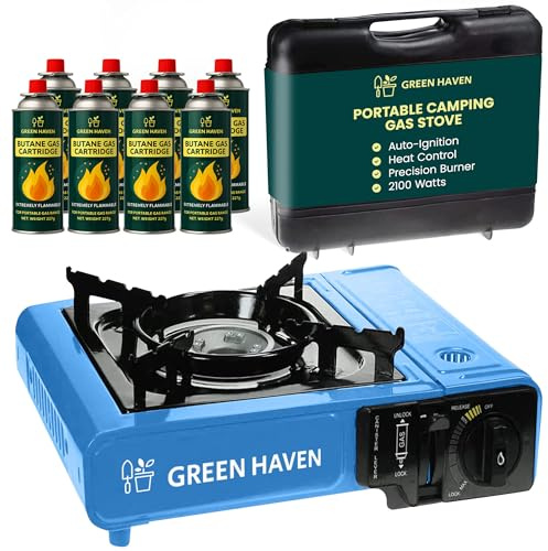 GREEN HAVEN Portable Camping Gas Stove with Carry Case & 4 Butane Gas Canisters – 2100W Table Top Cooker with Piezo Ignition, Adjustable Heat Control & EN417 Compliance
