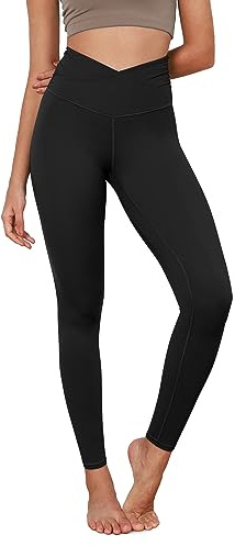 ODODOS Women's Cross Waist Full Length Yoga Leggings with Inner Pocket, Inseam 28 Gathered Crossover Workout Yoga Pants, Black, Large