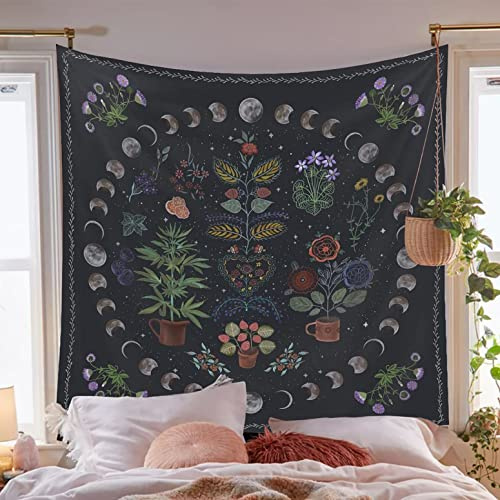 Simpkeely Ästhetischer Wandteppich mit botanischen Mondphasen, Wandbehang, Naturteppich, floraler Wandteppich für Schlafzimmer und Wohnzimmer (150cm x 200cm)