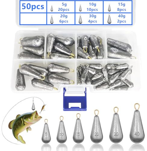 XSHAO 50 Stück Birnenblei Angeln, Tropfenform Angelblei Grundblei 5g/10g/15g/20g/30g/40g mit Aufbewahrungsbox für Das Angeln im Freien und Das Angeln am Meer