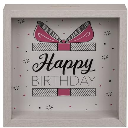 Happy Birthday Weißes Sparschwein aus Holz, Münzen, zum Geburtstag, 20 x 20 cm, mit Haken zum Aufhängen.