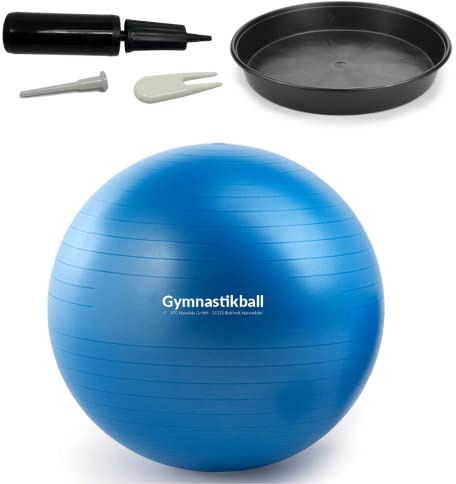 ATC Handels GmbH Gymnastikball Set Ø 45, 55, 65 & 75cm inkl. Stopperschale, Ballpumpe, Ventilöffner und Maßband - Fitness, Therapie und als Sitzball fürs Büro, 75cm, blau