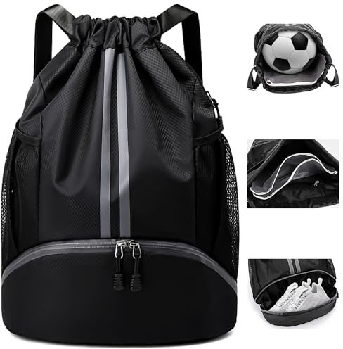 Hoseay Turnbeutel Kordelzug Sportbeutel mit Schuhfach und Nassfach Herren Groß Sportrucksack Wasserdicht Fußball Tasche Leicht Verstellbar Sport Rucksack für Sport Reisen Schwimmen Fitness, Schwarz