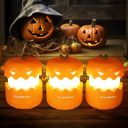 EverBrite lanterna zucca di Halloween 3 pezzi portatile, decorazione di Halloween luce esterna, piccole luci LED di Halloween con 9 batterie AAA
