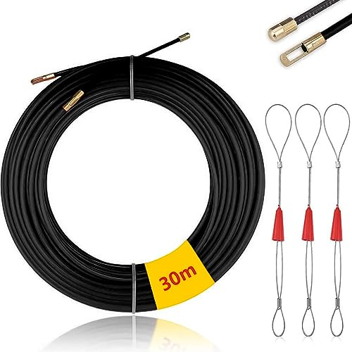 Mis.Moon Sonda Elettricista 30M, Sonda Passacavi, Sonda Tiracavi con 3 Molla di Guida, Sonda Spiralata Acciaio Inox, Sonda Tiracavi Cavo, Ø 4 mm (Nero)