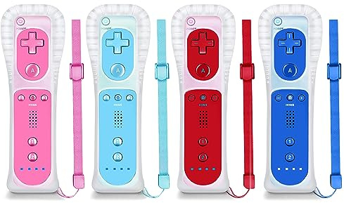 NC Lot de 4 manettes Wii de rechange pour Wii, compatibles avec Nintendo Wii/Wii U, avec coque en silicone et dragonne. (Blanc + noir + bleu + rose)