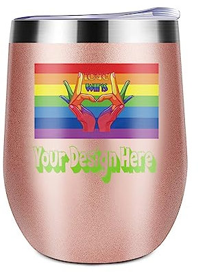 Miujonvy Weinglas Tumbler mit Deckel Eigenes Bild Text Logo Doppelwand Vakuum Edelstahl Reisebecher für Eis Golden