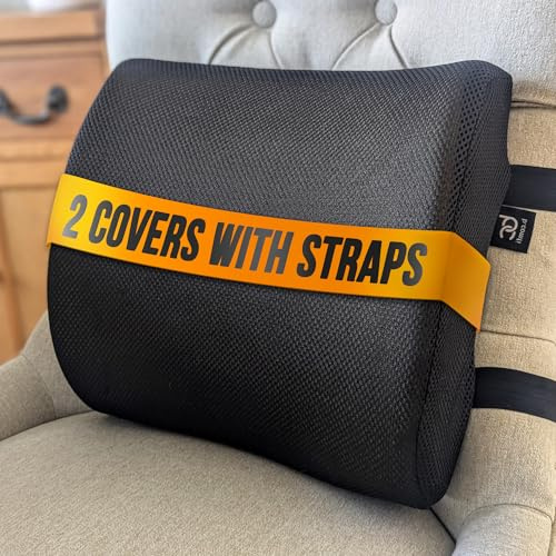 b.comfi.® Lumbar Support Cushion with 2 x Covers - Back Support for Office Chair - Car Seat Cushion – Ergonomic Memory Foam Chair Support for Back Pain Relief and Posture - Adjustable Straps