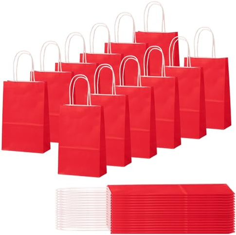 30 Stück Geschenktüten Kindergeburtstag Kleine Papiertüten mit Henkel,Rot Krafttaschen Tüten 21x15x8cm,Gift Bag Party Taschen für Hochzeiten, Geburtstag,Verpackungen,DIY,Weihnachten,Süßigkeiten