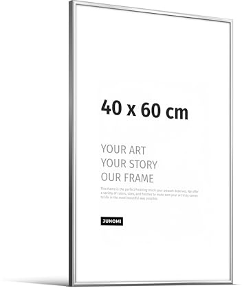 JUNOMI® Cadre photo 40 x 60 cm - aluminium argenté brillant, décoration murale en métal, avec verre acrylique incassable, profil extra fin