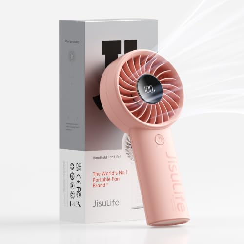 JISULIFE Handventilator, 3600mAh Akku, verbesserter tragbarer Ventilator mit starkem Wind, USB wiederaufladbarer Mini Handventilator mit Digitalanzeige, ideal für Reisen/Strand/Schule(Rosa)