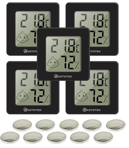 KETOTEK Digitales Thermo-Hygrometer 5 Stück Raumthermometer Innen, Schwarz | Mini Hygrometer, Thermometer, Luftfeuchtigkeitsmesser, mit Raumklima-Indikator, für Babyzimmer, Wohnzimmer, Gewächshaus