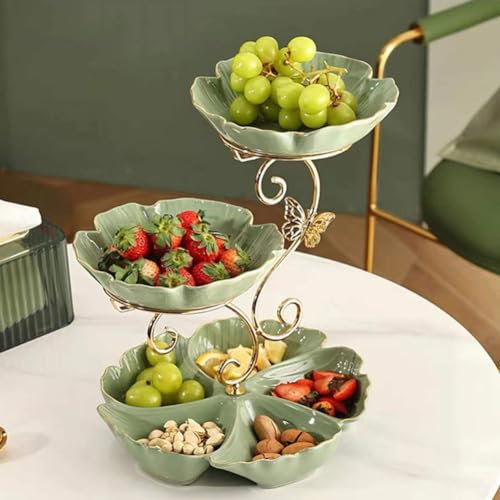 JUNYFFF Frutero 3 Pisos, Fruteros De Cocina Modernos, Frutero De Cerámica Cesta De Frutas De 3 Niveles con Soporte Metálico para Decoración De Cocina, Verduras, Frutas, Aperitivo,Light Green