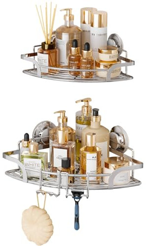 TAILI Corner-adaptive Suction Cup Shower Caddy 2 Pack, Stainless Steel Rustproof Corner Shower Shelves, Drill-Free Wall Mounted Baskets, Large Capacity Removable Suction Cup Bathroom Organizer, Gray