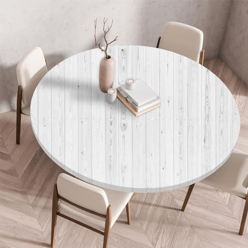 Highdi 3D Elastische Tischdecke Rund Abwaschbar, Spanntischdecke Rund Gartentischdecke Outdoor Round Tischdecke mit Gummizug für Esszimmer, Küche und Picknick (Holzmaserung 5,90cm)