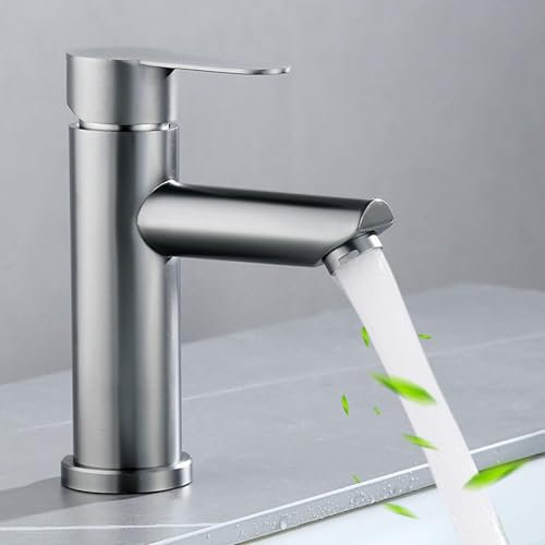 Stainless Steel Basin Mixer Tap - Single Lever Bathroom Sink Tap with UK Standard Hoses, Polished Silver Finish, Hot & Cold Water Control