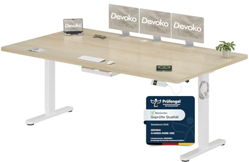 Devoko Höhenverstellbarer Schreibtisch 200x100cm mit Typ-C Ladeanschluss, Schreibtisch Höhenverstellbar Elektrisch, Mobiler Elektrisch Computertisch mit Kabel Management Tray, Eiche