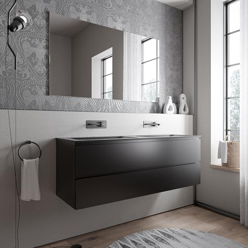 BERNSTEIN Badmöbel-Set Ava 140cm bestehend aus Mineralguss-Doppel-Waschbecken mit Unterschrank in Schwarz matt, Waschtisch BRUXELLES - Schwarz matt ohne Hahnloch, Ideal für große Bäder