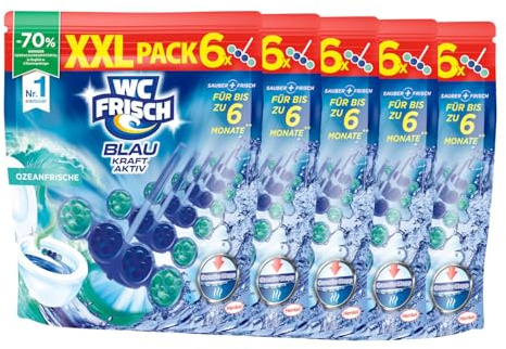 WC FRISCH Kraft Aktiv Blauspüler Ozeanfrische 5x(6x 50 g), WC Reiniger mit innovativer Geruchs-Stopp-Formel, Duftsteine für extra Frische und eine sichtbare Reinigung, 5er Pack