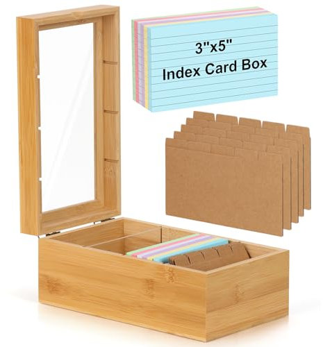 Bamboo Index Card Organizer - 3x5 Index Card Holder Box With Dividers - Wood Recipe Box With Lid - 4 Compartments For 1200 Cards - 5.9W x 10D x 4H