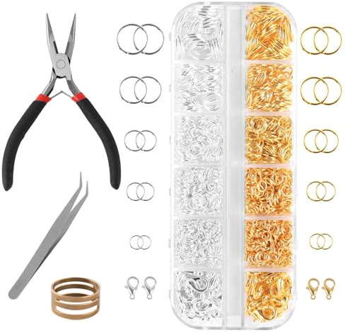 Kettenverschluss Set, 1200 Stück Offener Biegeringe und Karabinerverschlüsse mit Edelstahl Zange Pinzette Sprungringöffner für DIY Halskette, Armband, Fußkettchen Schmuckherstellung(Gold Und Silber)