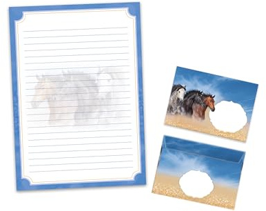 Briefpapier-Set Briefblock mit Umschlag für Jungen Mädchen Kinder Tiere drei Pferde (Block A4 mit 25 Blätter + 15 Umschläge)