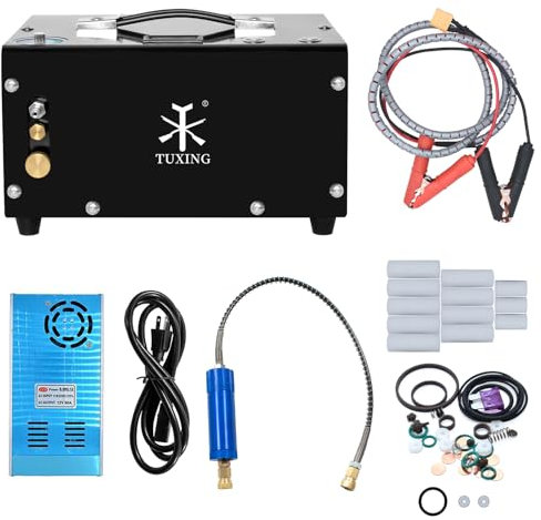 TUXING Compresor de aire Pcp de 300 bares, sin aceite/agua, sistema de drenaje incorporado, alimentado por coche 12 V o casa 220 V con adaptador (incluido), bomba para rifles de aire PCP y rifles de