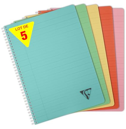 Clairefontaine 327146Cpack - Packung mit 5 Spiralbücher Linicolor Essence, DIN A4, 90 Blatt liniert mit Rand 90g, Einband PP, farbig sortiert, 5 Stück