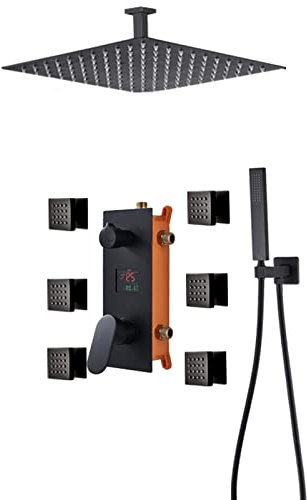 Mattschwarzes Handbrause-System mit Temperaturanzeige, verdecktes Duschset und 6 Körpersprays, Messing-Handbrause und Wasserfall-Regenduschkopf, Badezimmer-Armaturen