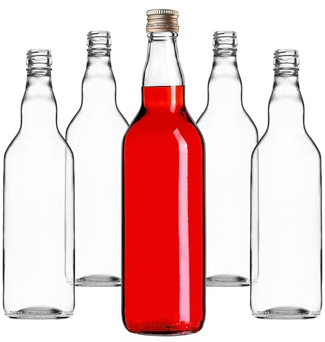KADAX Juego de 5 botellas de cristal de 700 ml con tapón de rosca dorado, botellas vacías para rellenar zumo, licor, aceite, vinagre y jarabe, botellas de cristal reciclables