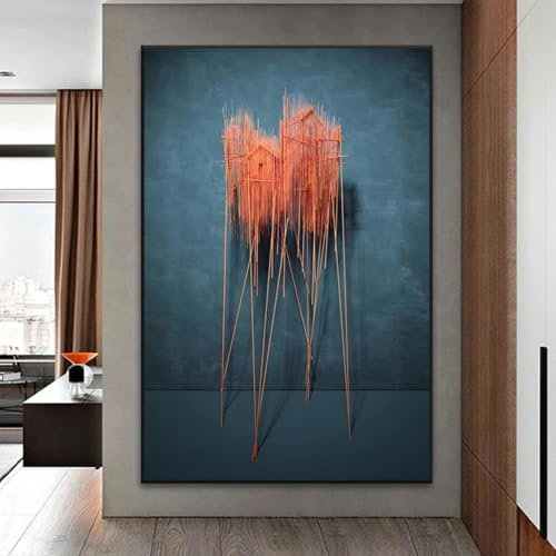 LIMAIDUO Leinwandbild mit roten Holzstäben, Haus, moderne abstrakte Wandkunst, Bilder für Wohnzimmer, Büro, Heimdekoration, 50 x 70 cm, Rahmen