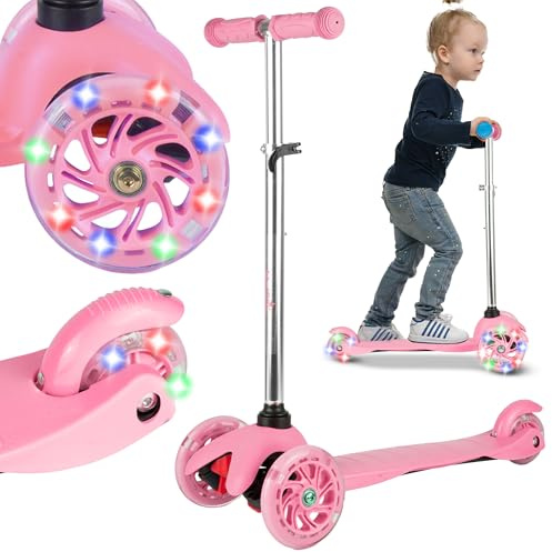 MalPlay Cityroller Kinder Dreirad Scooter Leuchtende LED-Räder höhenverstellbar ab 3 Jahren Rosa Aluminium