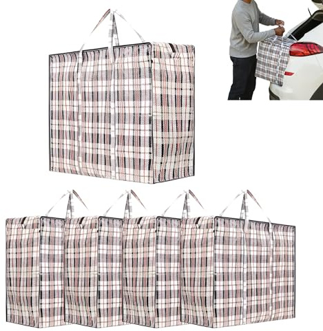 Jumbo Aufbewahrungstasche XXL 140L Kariert mit Reißverschluss – Verstautasche Bigbag PP-Gewebe Faltbar Wasserabweisend Reißfest – Kleidung Bettdecke Kissen Umzug Lager Reise Camping (Schwarz, 5er Set)