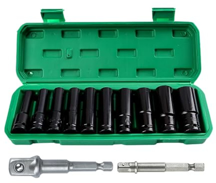 12 Pcs Deep Impact 1/2 Socket Set, 10-24mm Hex Long Socket Set with Adapter & Storage Box for Home Car Repair(Black)