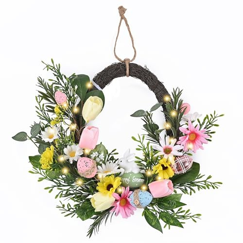 Valery Madelyn 16 Inch Easter Egg Wreath for Front Door,with Colorful Pastel Mixed-Texture Eggs, Faux Flowers & Bunny, Door Wreaths with LED Lights for Home Window and Wall,Easter Decoration Gift