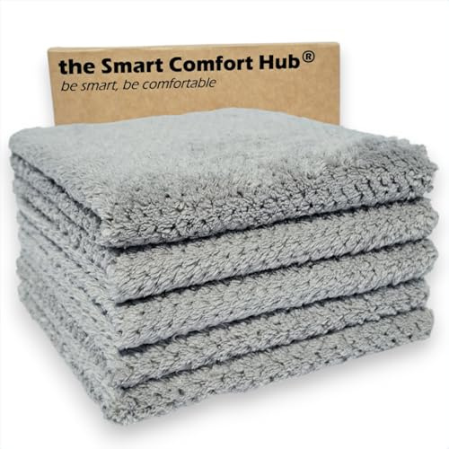 the Smart Comfort Hub Thick Microfibre Coral Fleece Cleaning Cloths, Pack of 5, Super Absorbent, Lint-Free, Fast Drying, Reusable and Multiuse Cleaning Cloths, 30x30cm (Grey Coral Fleece)