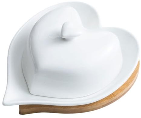 NUOBESTY Beurrier Céramique Blanc avec Plateau Base Bambou Plat Forme Cœur pour Beurre et Service Alimentaire Sucrier Pot Lait Design Naturel Récipient Beurre avec Couvercle Étanche