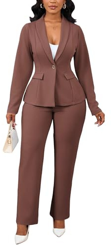 Business Casual Outfits for Women Two Piece Pants Set Blazers Jacket Straight Leg Suit for Formal Office Work Brown XXL
