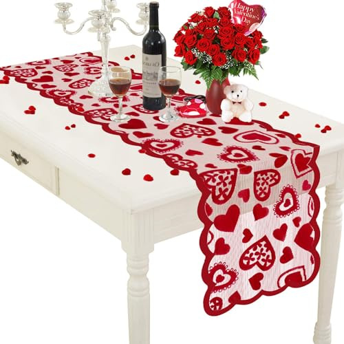 Valentinstag Tischläufer, 183 x 35 cm Valentinstag Herz Tischdecke, Tischläufer Frühling, Rechteckiger Spitze Tischläufers Rot, Valentinstags Deko für Zuhause, Küche, Esstisch (B)