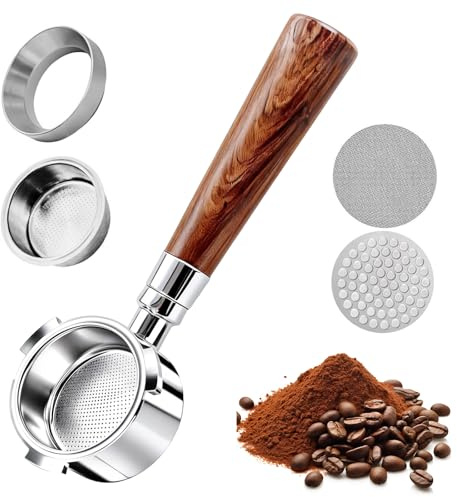 Portafiltro sin Fondo de 51 mm, para DeLonghi Dedica EC680/EC685/EC885 | Portafiltros Cafe 51mm con 3 Orejas y Mango de Madera de Nogal y 2 Cestas de Filtro de Acero Inoxidable