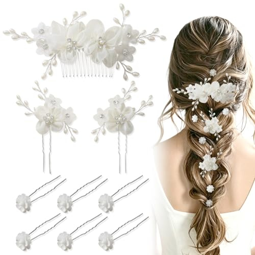 YiiHHooN Lot de 9 Accessoires Cheveux Mariage, Accessoires de Cheveux de Mariage Blancs à Fleurs et Détails Argentés, Peignes de Mariée et Épingles Florales pour Femmes et Demoiselles d'Honneur