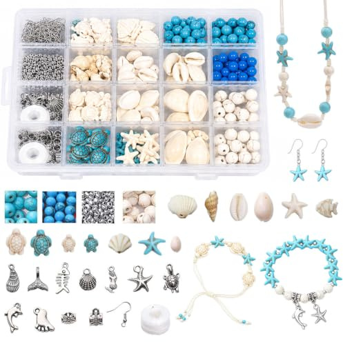 LeeDert Perlen für Armbänder, 875 Stück Muschel Perlen mit Meeresschildkröten, Muschel und Seestern Anhängern, DIY Schmuckherstellung, Armbänder Selber Machen, Halsketten und Ohrringe