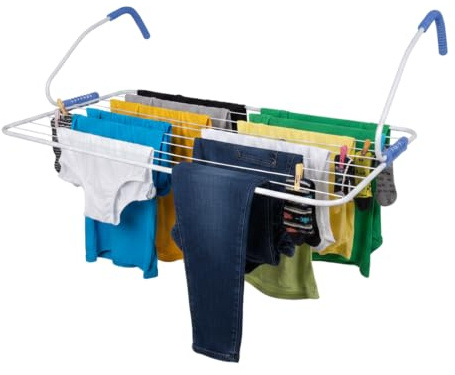 Relaxdays Wäscheständer Heizung, 10 m Trockenlänge, weiß/blau | zum Einhängen, Balkon & Heizkörper, Stahl, Wäschehalter