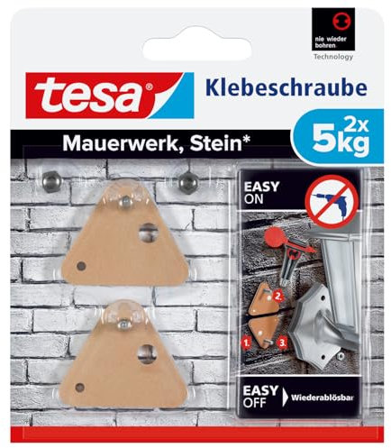 tesa Klebeschraube für Mauerwerk und Stein, Halteleistung 5 kg, dreieckig, 2 Stück