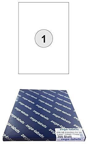 200 Etiketten 210 x 148 mm selbstklebend einzeln = DIN A5 Bögen (1x1 Etikett DIN A5) - 200 Blatt Pack - Universell für Laser/Inkjet/Kopierer einsetzbar - Adressetiketten 148 x 210 mm einzeln