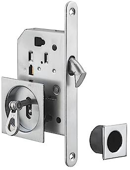 Serratura da incasso per porta scorrevole con chiave e nottolino a gancio, maniglia quadrata, nichel - THIRARD