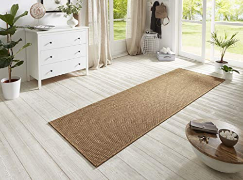 BT Carpet Nature Läufer In- und Outdoor – Schlingen Küchenläufer rutschfest Flachgewebe Kurzflor Woll-Optik Fineloop Küchenteppich für Flur, Küche, Garten, Terrasse, Badezimmer – Braun, 80x250cm