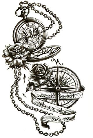 EROSPA® Tattoo-Bogen temporär/Sticker - Taschenuhr Kompass Kette Rosen - Wasserfest - 15 x 21 cm